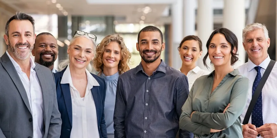 A diverse group of eight smiling business professionals standing together in a bright, modern office.