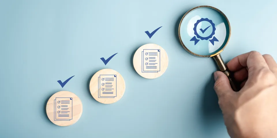 Certificate approval process with document checklist, magnifying focus quality assurance, verification system, compliance audit, and standard validation