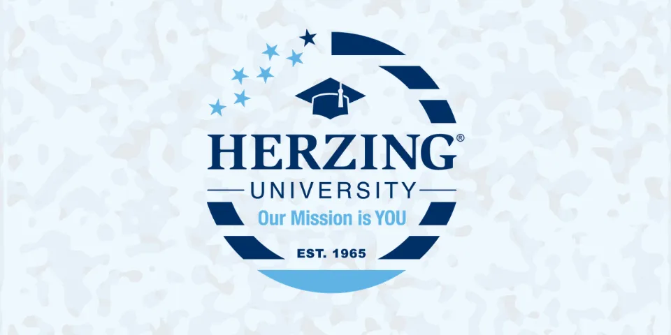 Herzing University military logo on a blue camo background