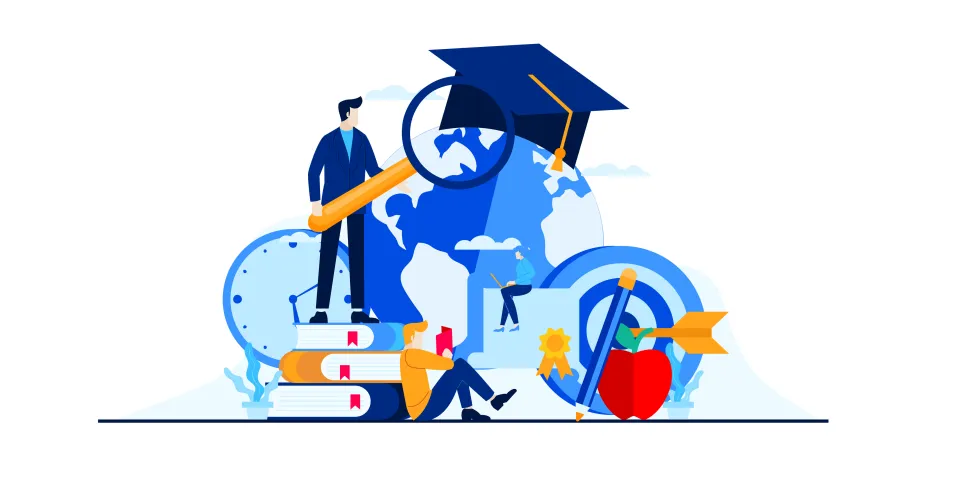 niversity management education metaphor with character mini people. university campus, target study, schedule, management study, library as window of world vector flat illustration