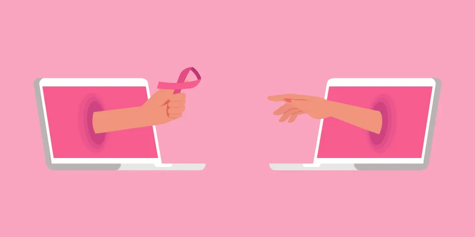 breast cancer awareness support concept, human hand giving pink ribbon to other hand via online on laptop screen, vector illustration