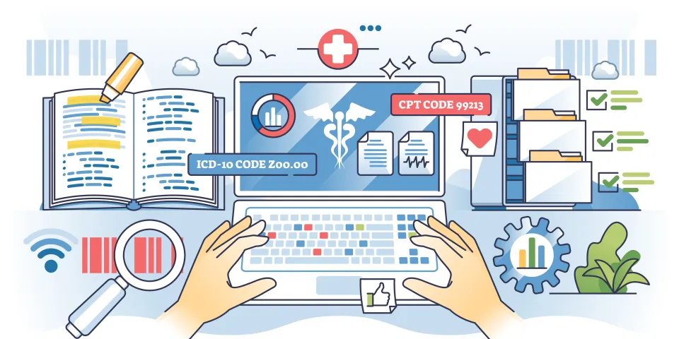 Medical coding training and healthcare billing coder studies outline hands concept. Learning CPT and ICD alphanumeric codes for clinical procedures, treatments and diagnosis vector illustration.