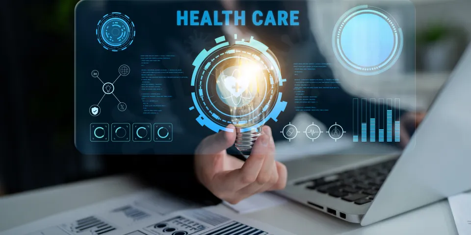A healthcare technology concept showcases digital interfaces and metrics, emphasizing innovation in medical solutions within a professional workspace.