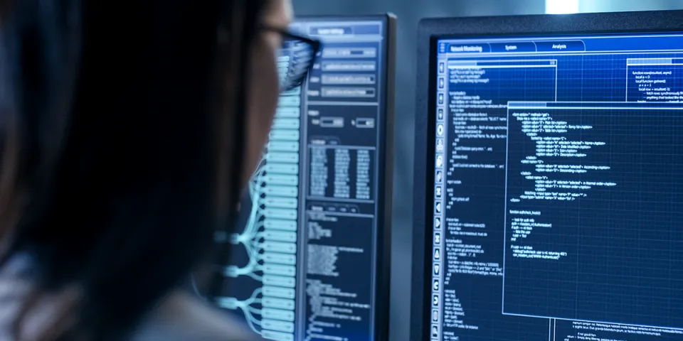 Woman seated at desk in front of computer doing programming