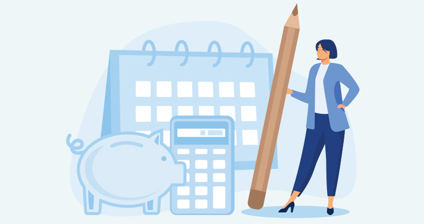 Illustration of woman using a calendar, calculator, and piggy bank to calculate financial aid