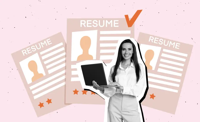 Creative collage picture young employee manager recruiter select candidate resume cv check tick success laptop profile application.